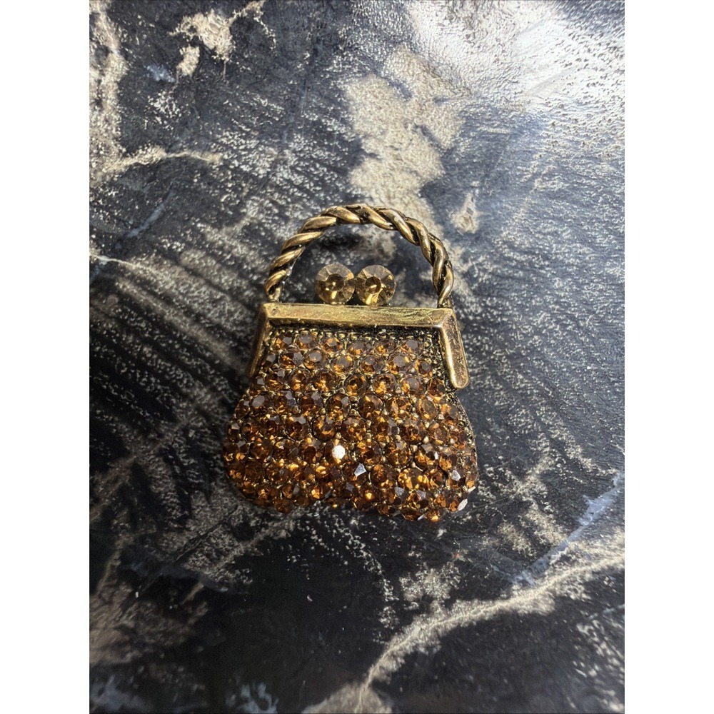 Vintage Enamel Brooch | Pin Purse Rhinestone Topaz Color Petite